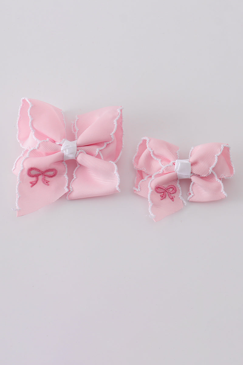 Pink Embroidery Hair Bow Small