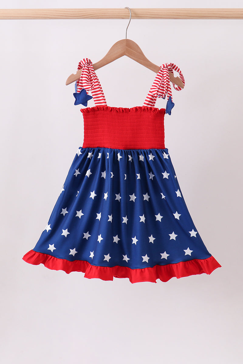 Star Smocked Blue Ruffle Dress