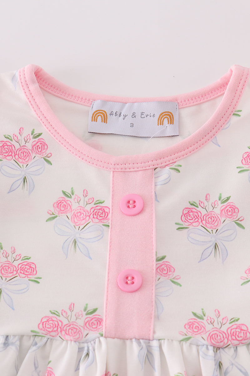 Pink Floral Bow Print Girl Dress