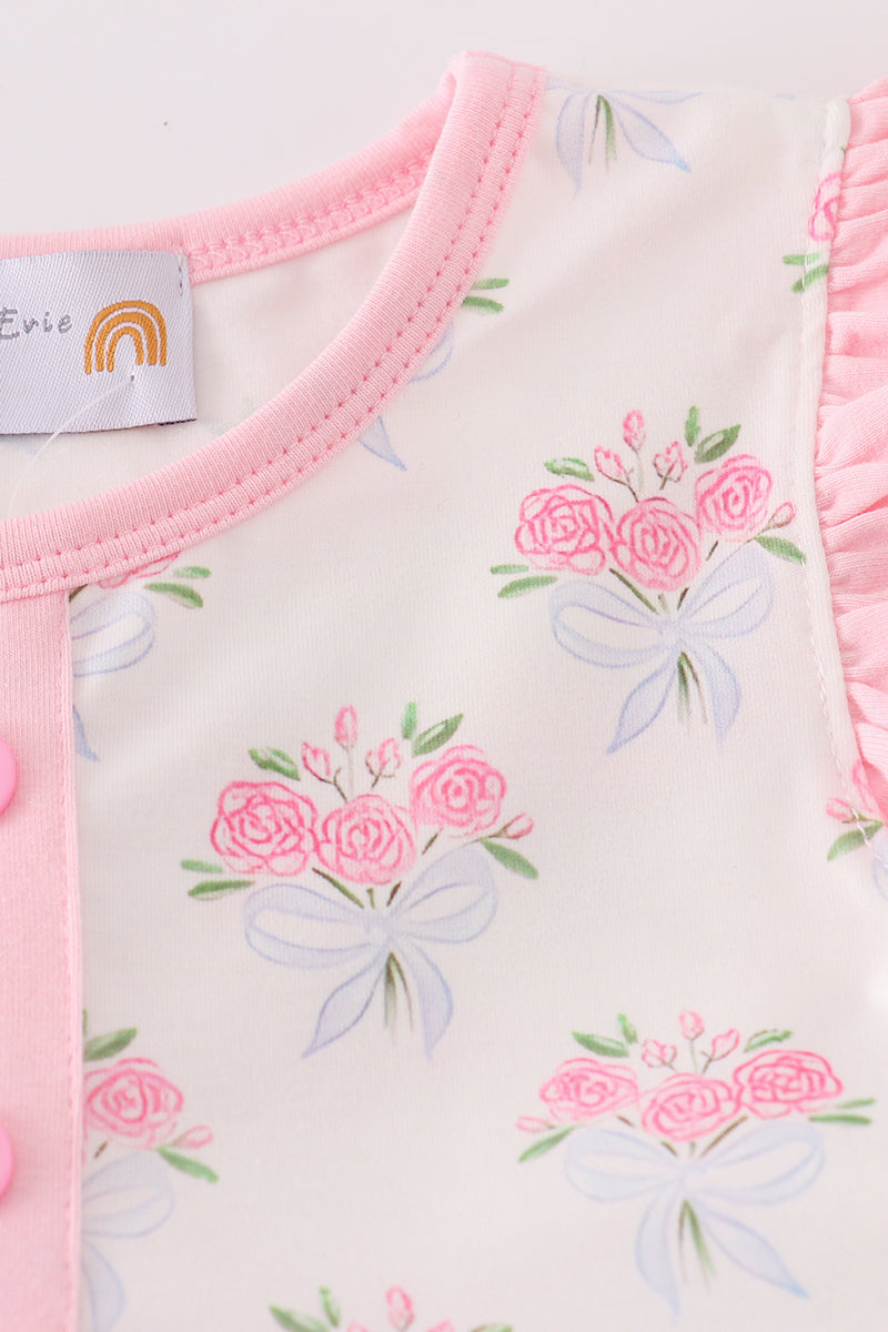 Pink Floral Bow Print Girl Dress