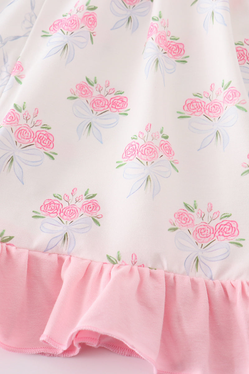 Pink Floral Bow Print Girl Dress