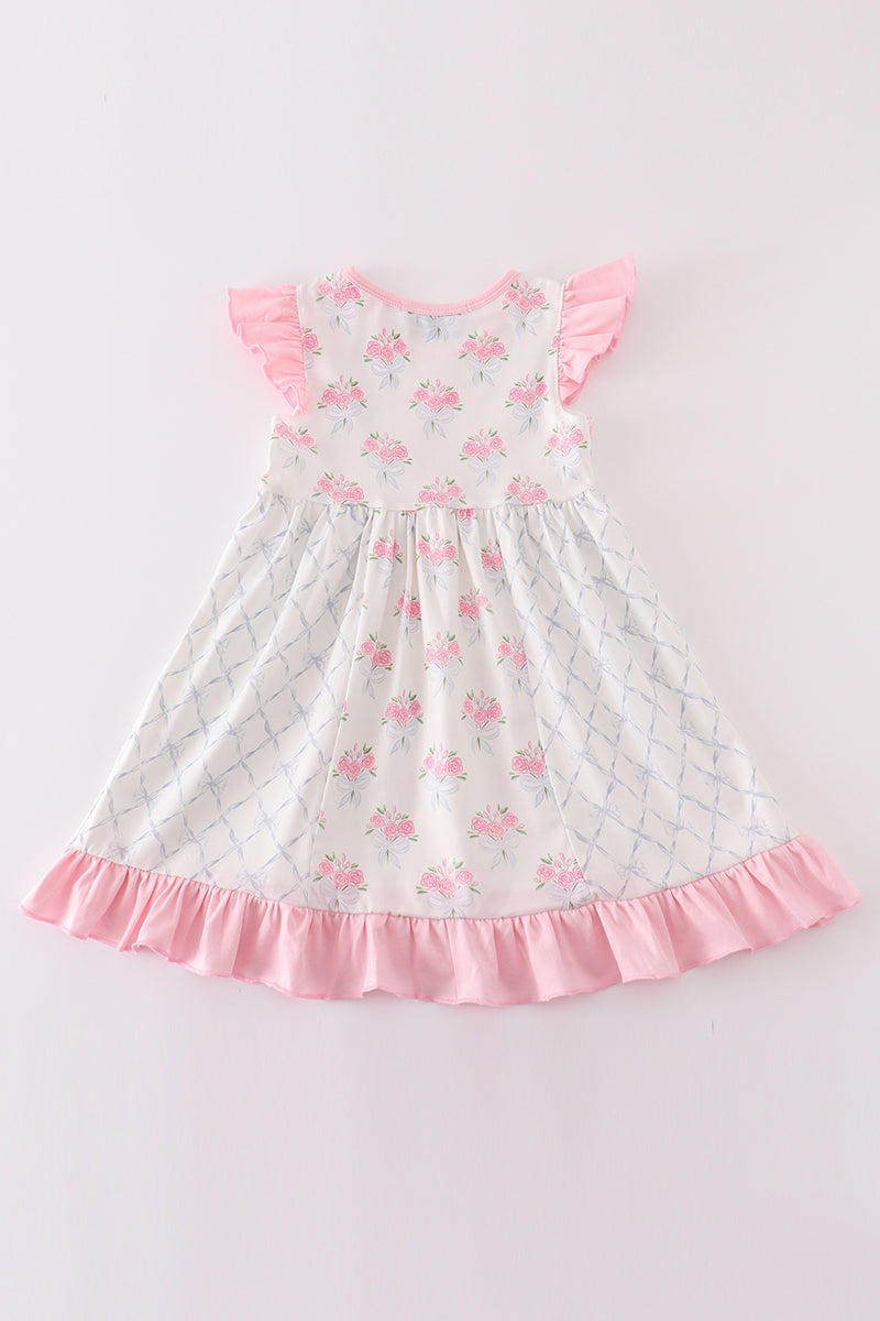 Pink Floral Bow Print Girl Dress