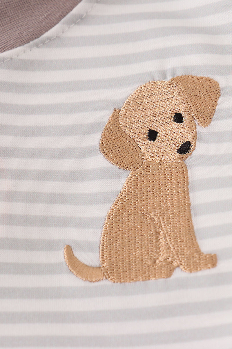 Grey Puppy Embroidery Stripe Top