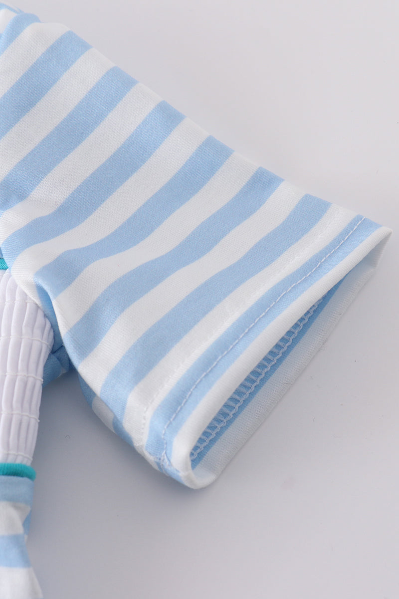 Blue Stripe Helicopter Embroidery Smocked Boy Romper