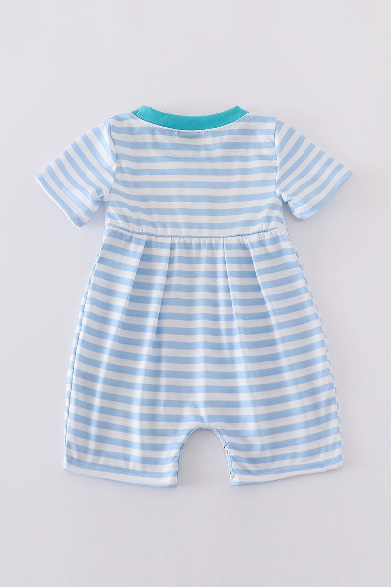 Blue Stripe Helicopter Embroidery Smocked Boy Romper