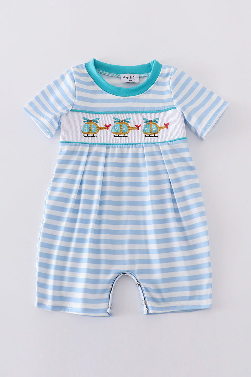 Blue Stripe Helicopter Embroidery Smocked Boy Romper
