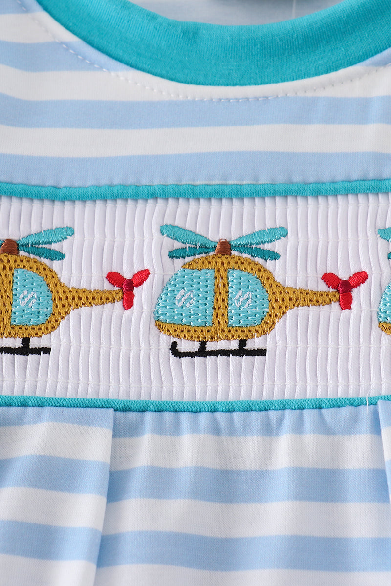 Blue Stripe Helicopter Embroidery Smocked Boy Romper
