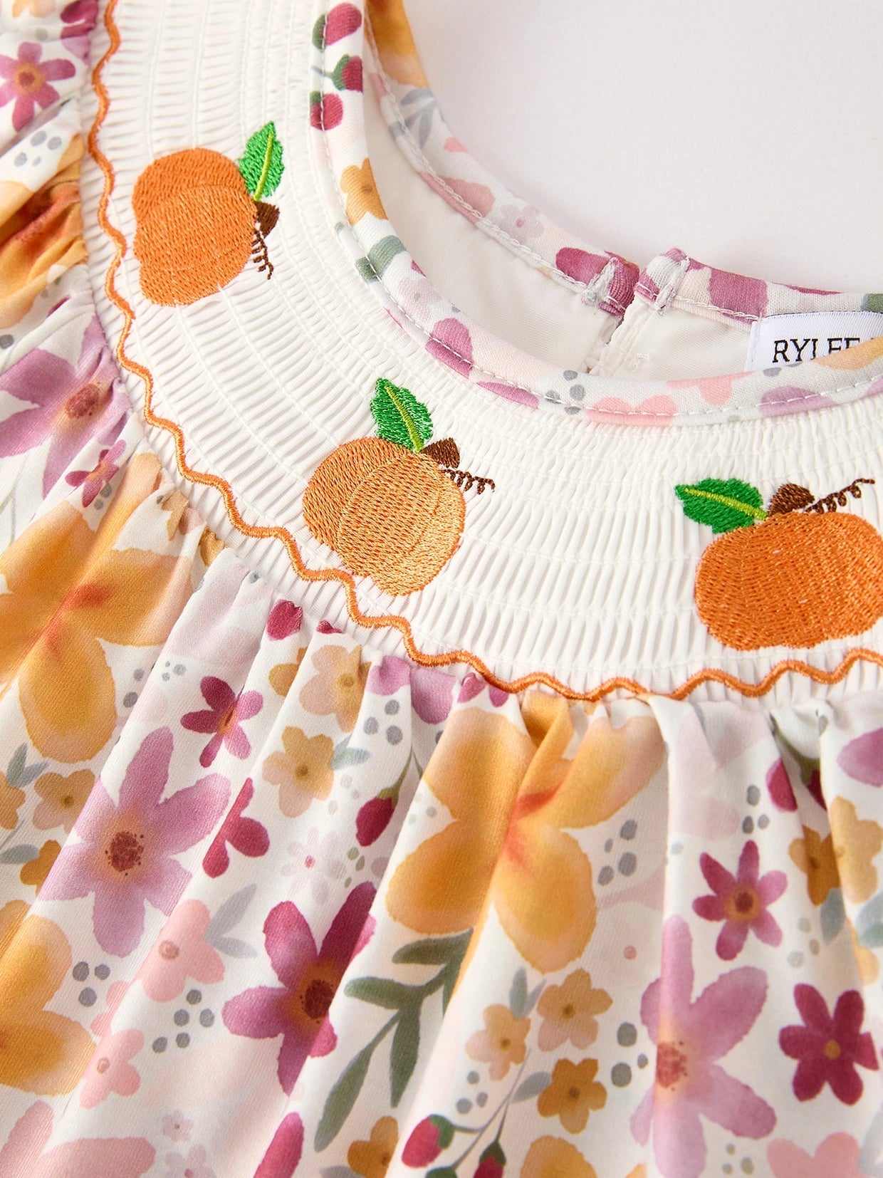 Fall & Thanksgiving Pumpkin Embroidery Smock Floral Dress