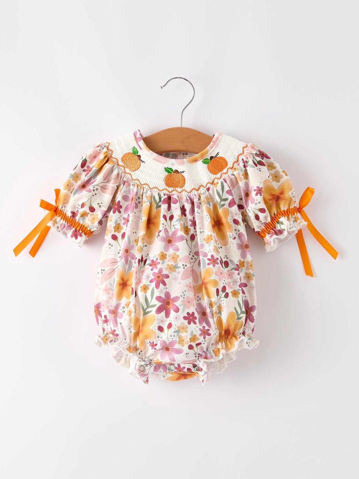 Fall & Thanksgiving Pumpkin Embroidery Smock Floral Baby Bubble
