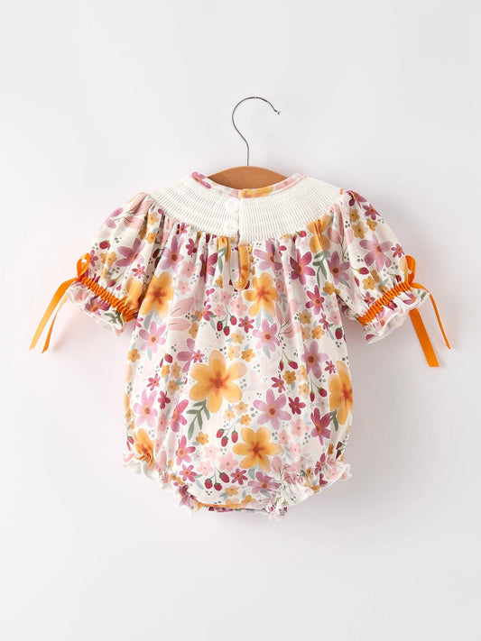 Fall & Thanksgiving Pumpkin Embroidery Smock Floral Baby Bubble