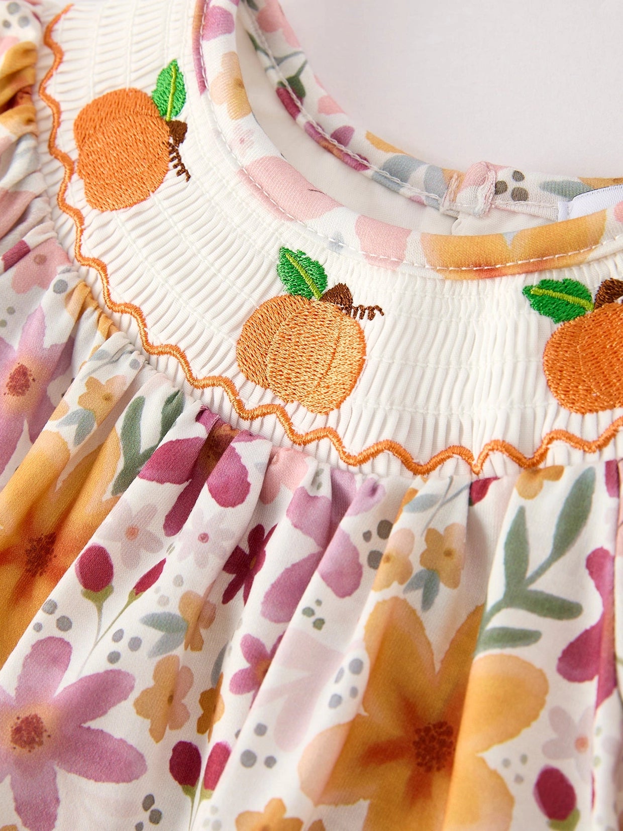 Fall & Thanksgiving Pumpkin Embroidery Smock Floral Baby Bubble