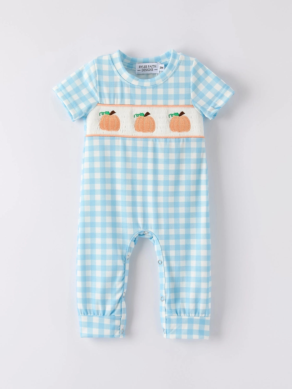 Fall Boys Pumpkin Embroidery Smocking Blue Plaid Romper