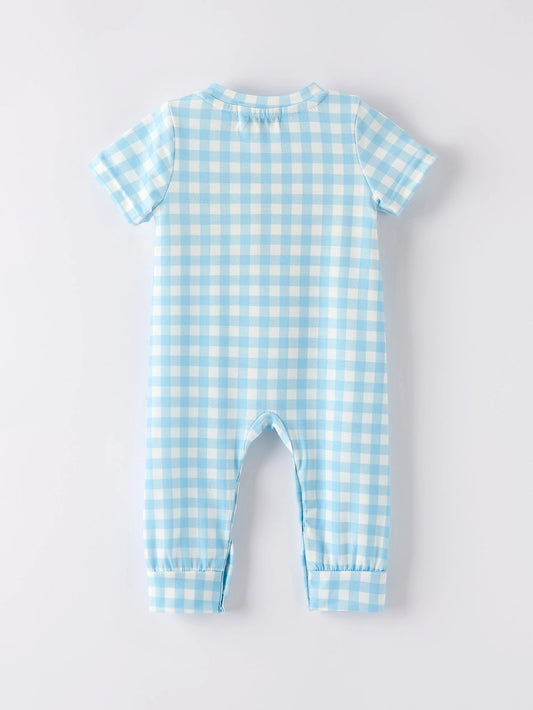 Fall Boys Pumpkin Embroidery Smocking Blue Plaid Romper
