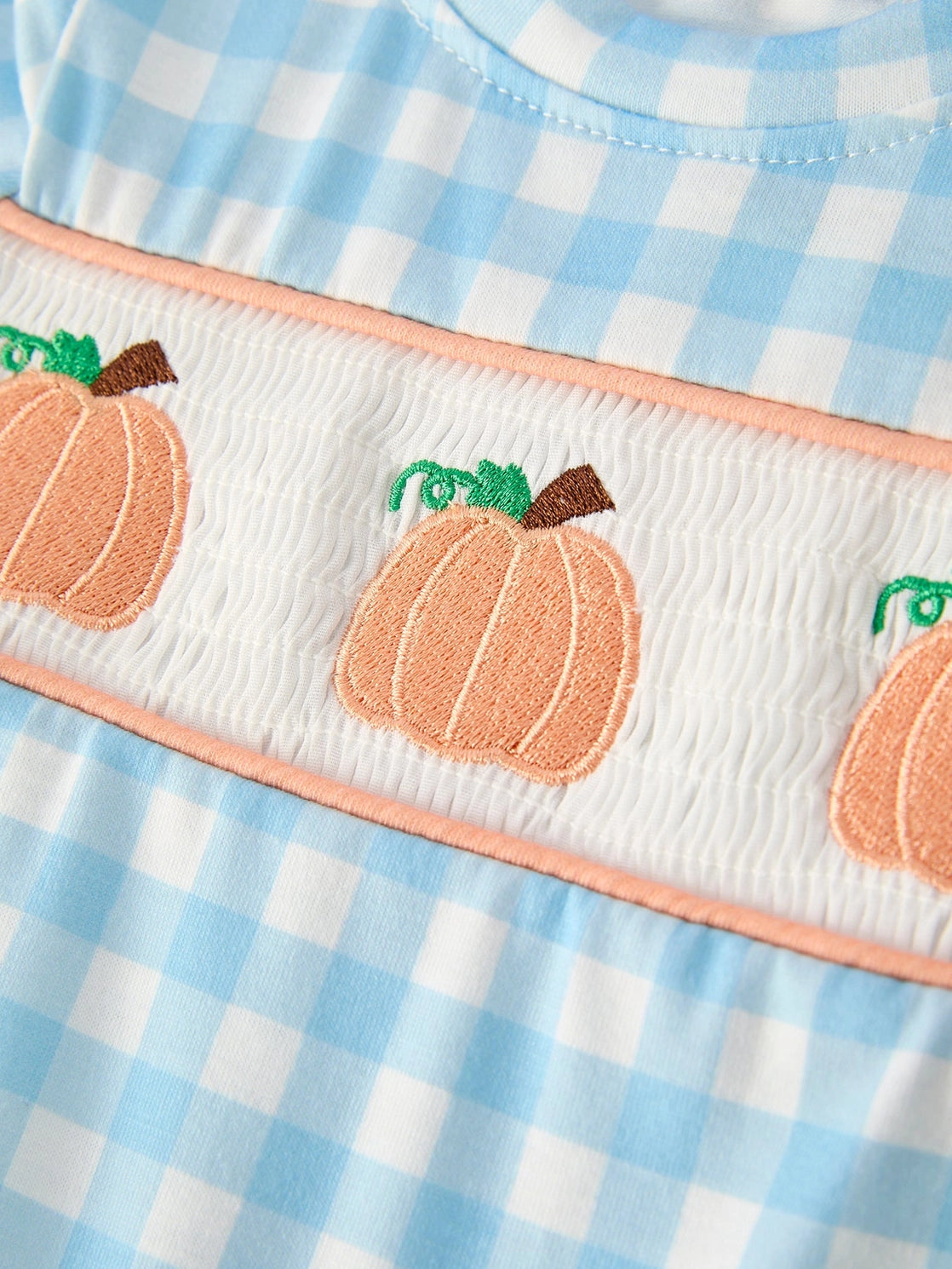 Fall Boys Pumpkin Embroidery Smocking Blue Plaid Romper
