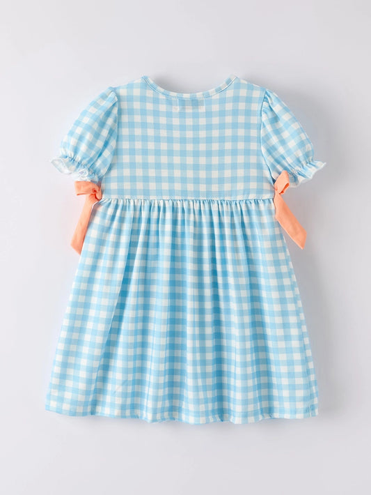 Fall Pumpkin Embroidery Smocking Blue Plaid Dress