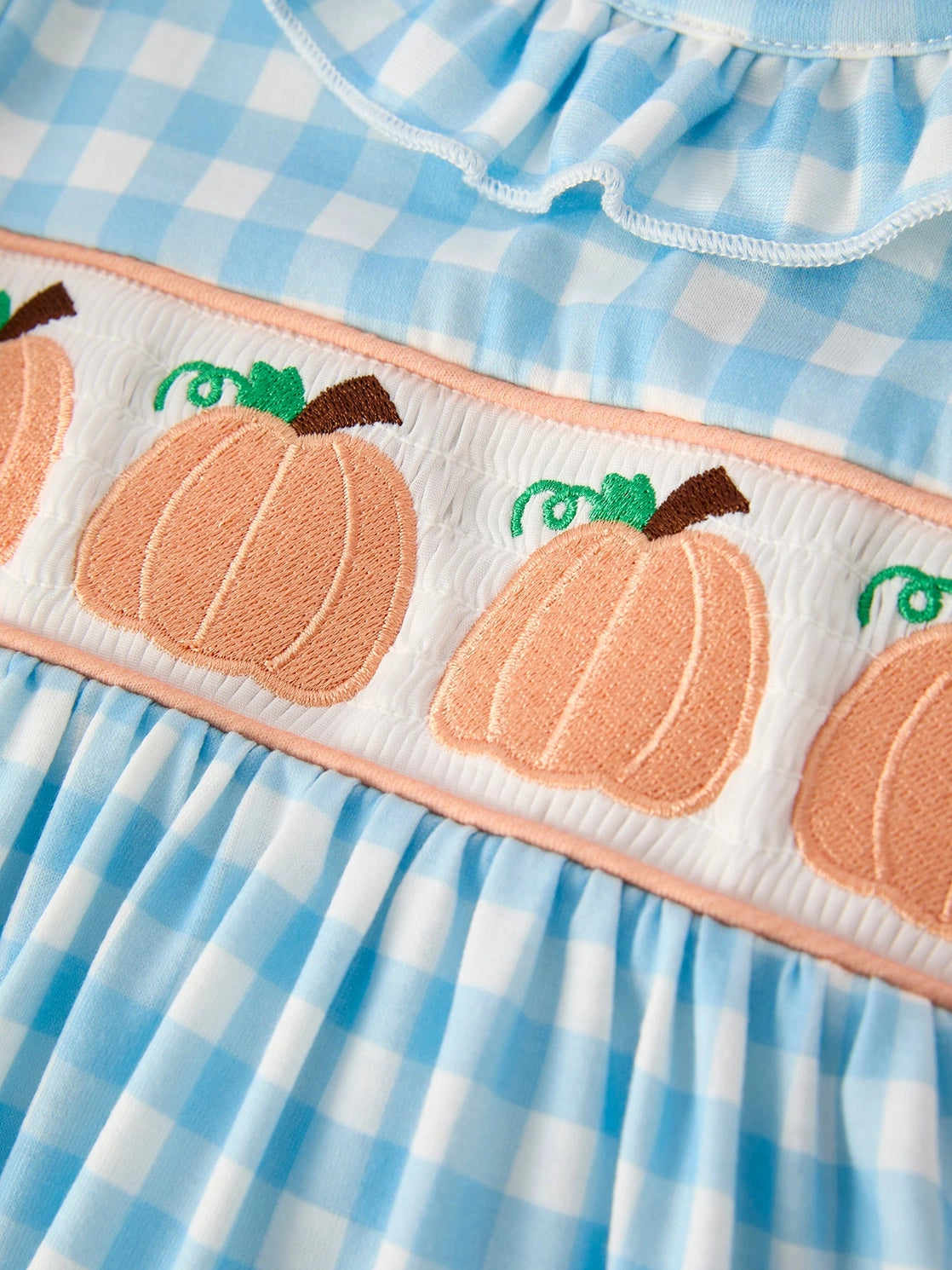 Fall Pumpkin Embroidery Smocking Blue Plaid Dress