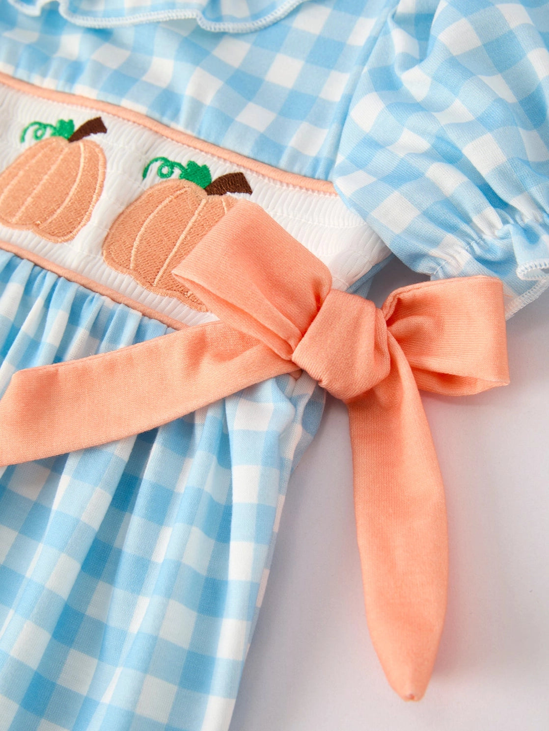 Fall Pumpkin Embroidery Smocking Blue Plaid Dress