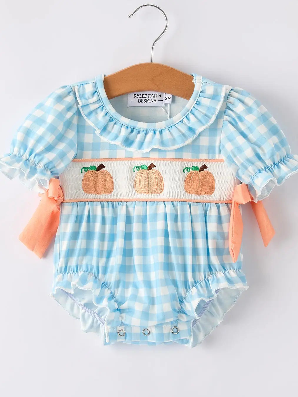 Fall Pumpkin Embroidery Smocking Blue Plaid Bubble