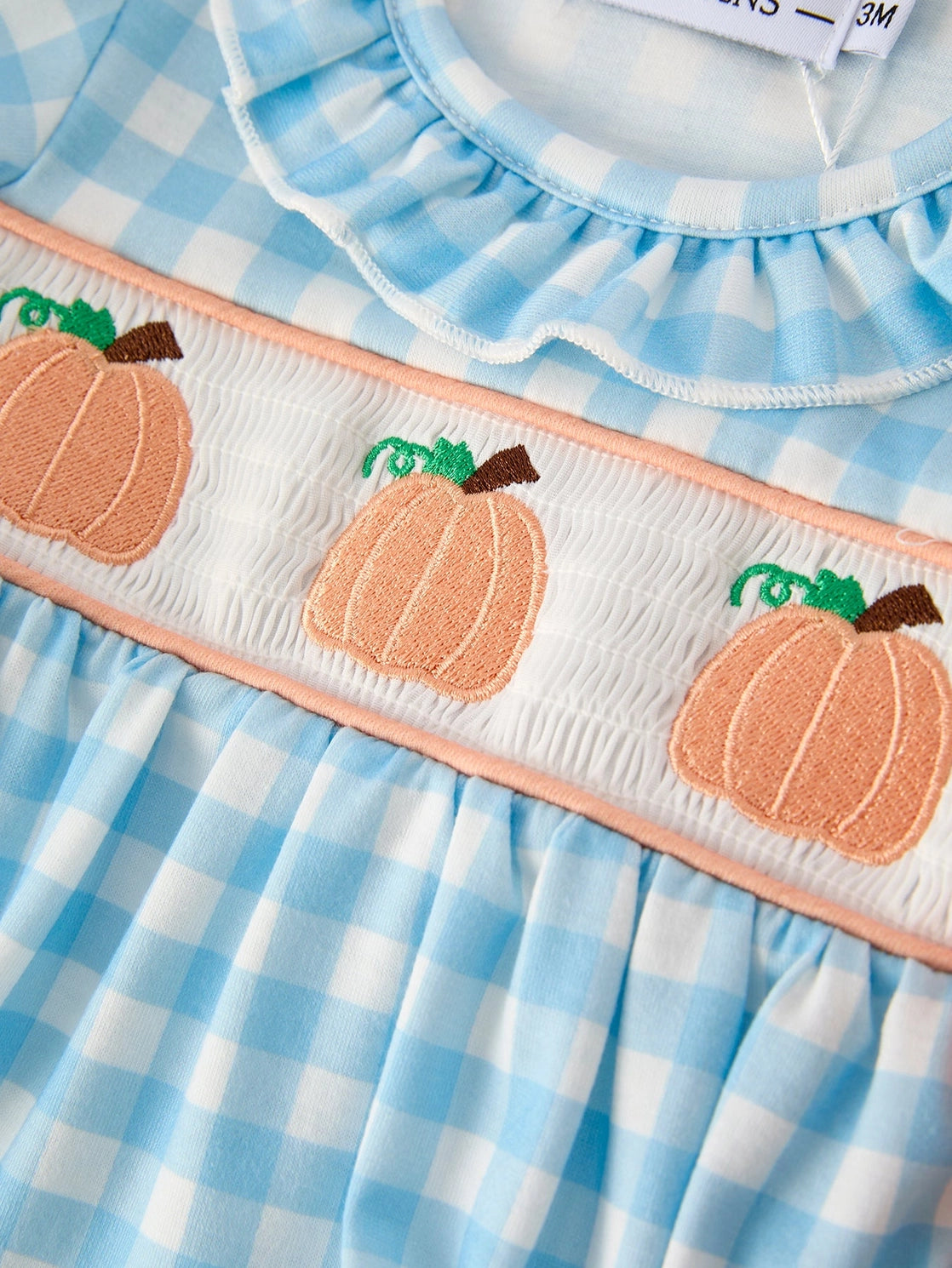 Fall Pumpkin Embroidery Smocking Blue Plaid Bubble
