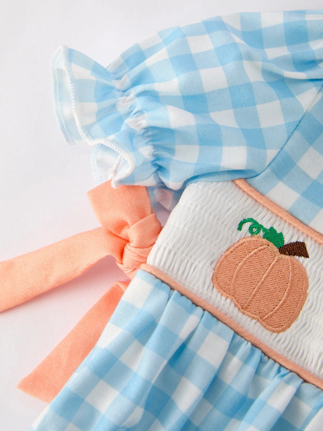 Fall Pumpkin Embroidery Smocking Blue Plaid Bubble