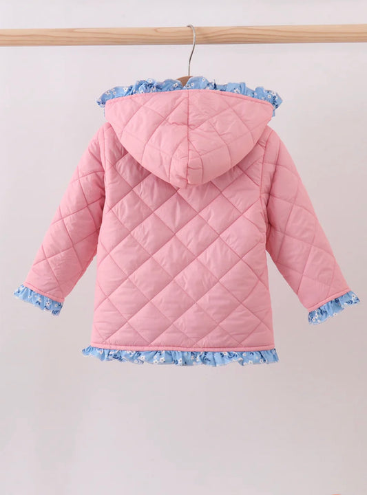 Peach Floral Print Ruffle Quilted Jacket