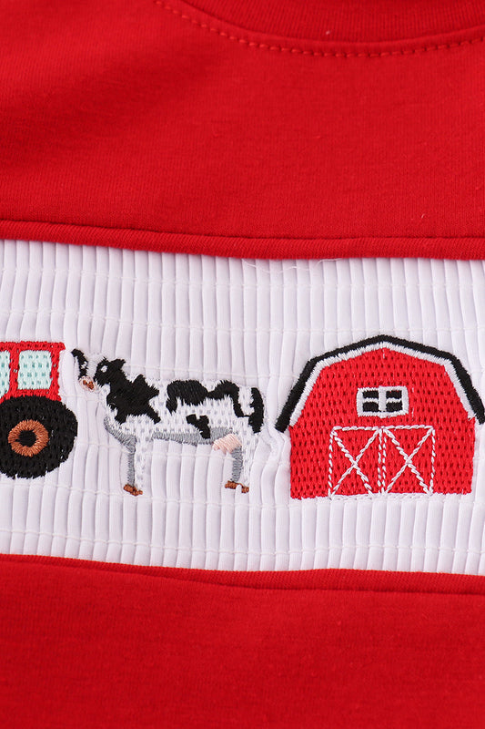 Farm Embroidery Smocked Plaid Shorts Set