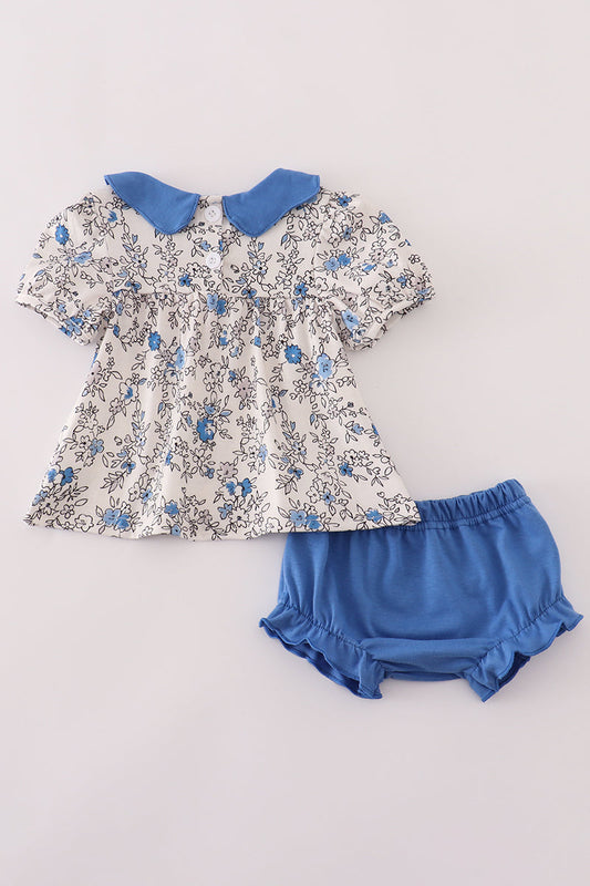Blue Vintage Floral Print Bloomer Set