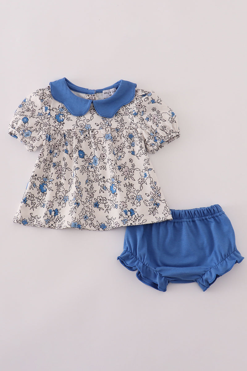Blue Vintage Floral Print Bloomer Set