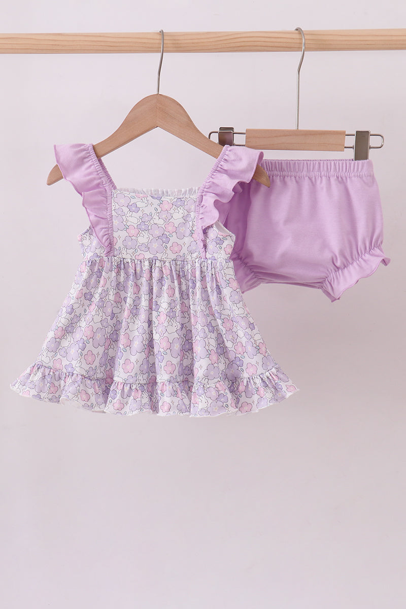Floral Smocked Ruffle Purple Bloomer Set