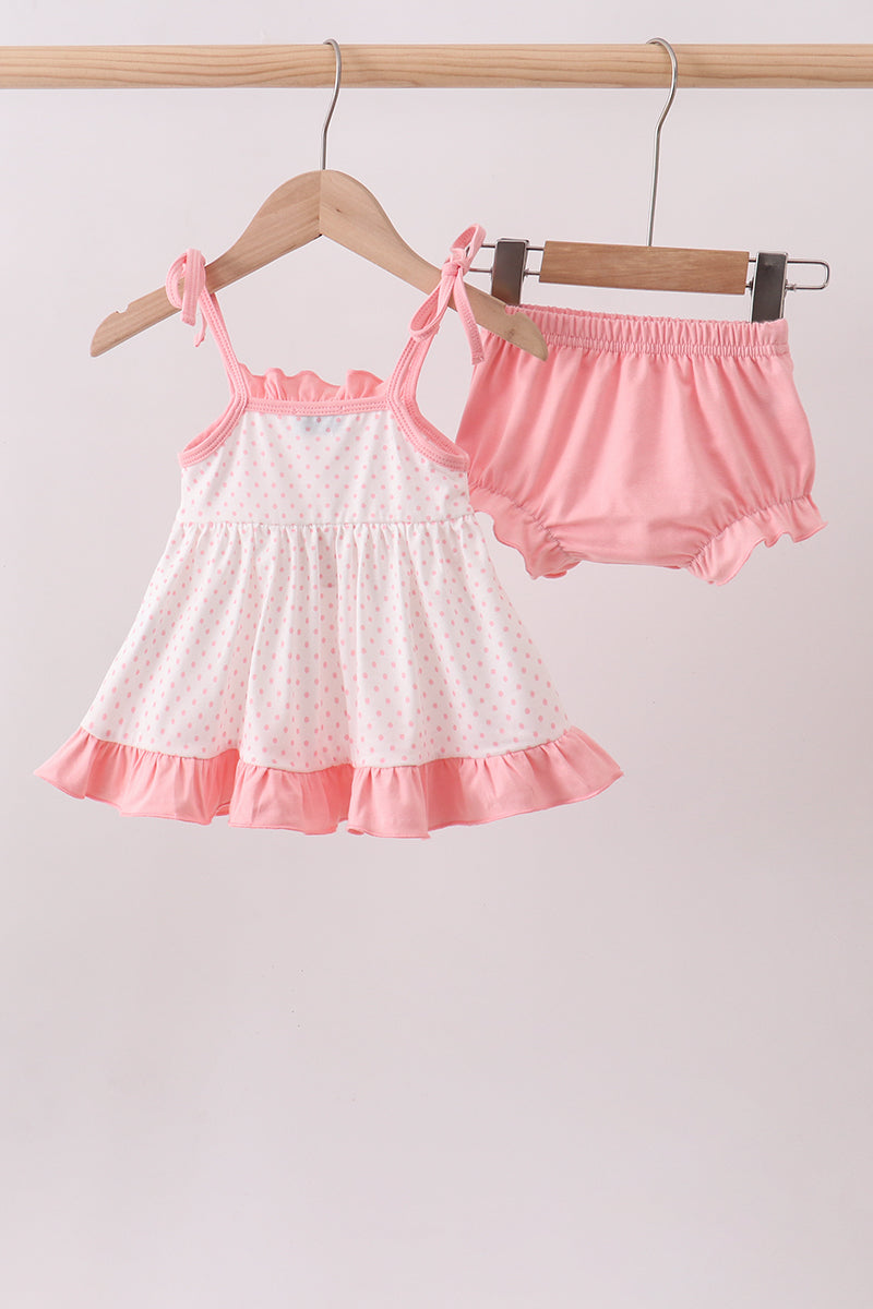 Bow Smocked Dot Pink Ruffle Bloomer Set