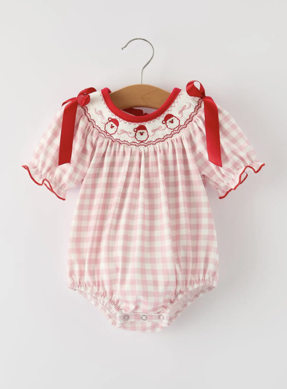 Pink Gingham Christmas Baby Girls Romper: Santa Embroidery with Red Satin Ribbon
