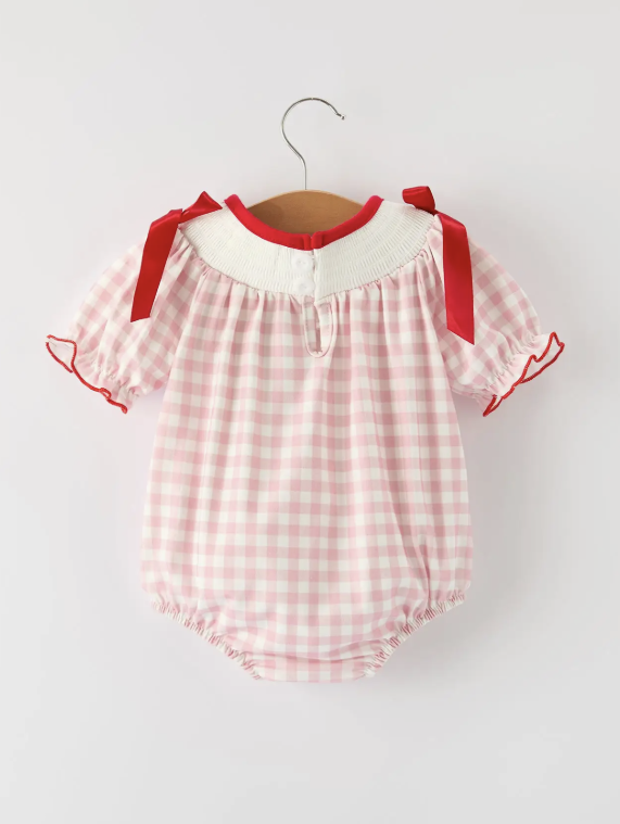 Pink Gingham Christmas Baby Girls Romper: Santa Embroidery with Red Satin Ribbon