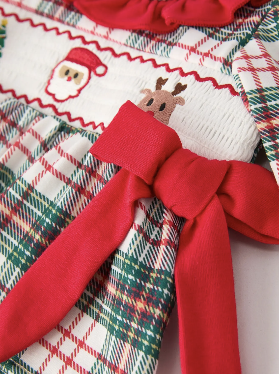 Christmas Plaid Smocking Embroidered Girls Bloomers Romper Set