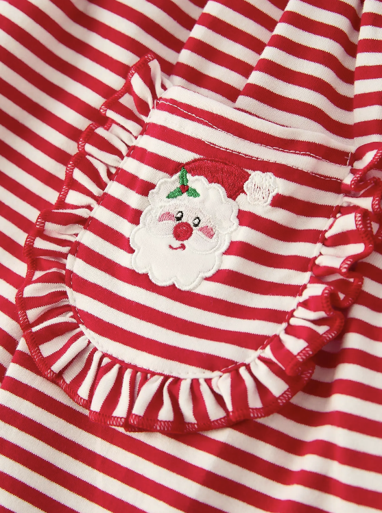 Christmas Red Stripe Dress with Santa Applique Pockets: Festive Fun