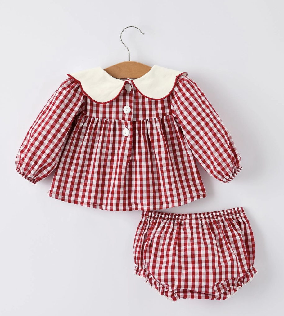 Christmas Tree Embroidery Red Gingham Long Sleeve Baby Girl Bloomers Set
