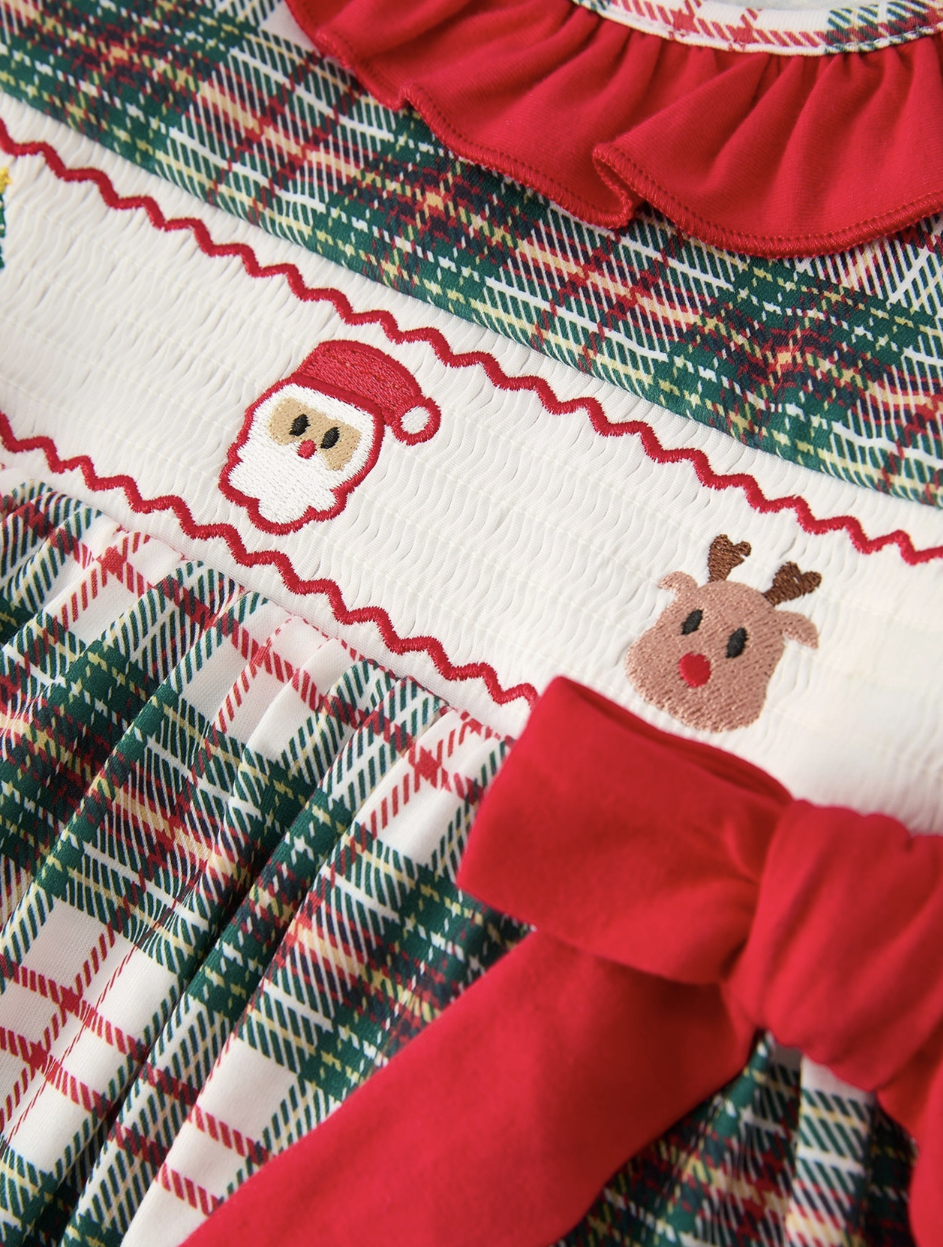 Christmas Embroidery Smocking Bow Plaid Girls Dress