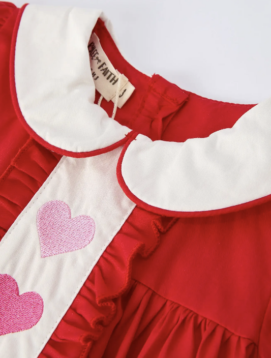 Red Ruffle Heart Embroidered Girls Dress