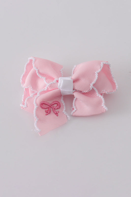 Pink Embroidery Hair Bow Small