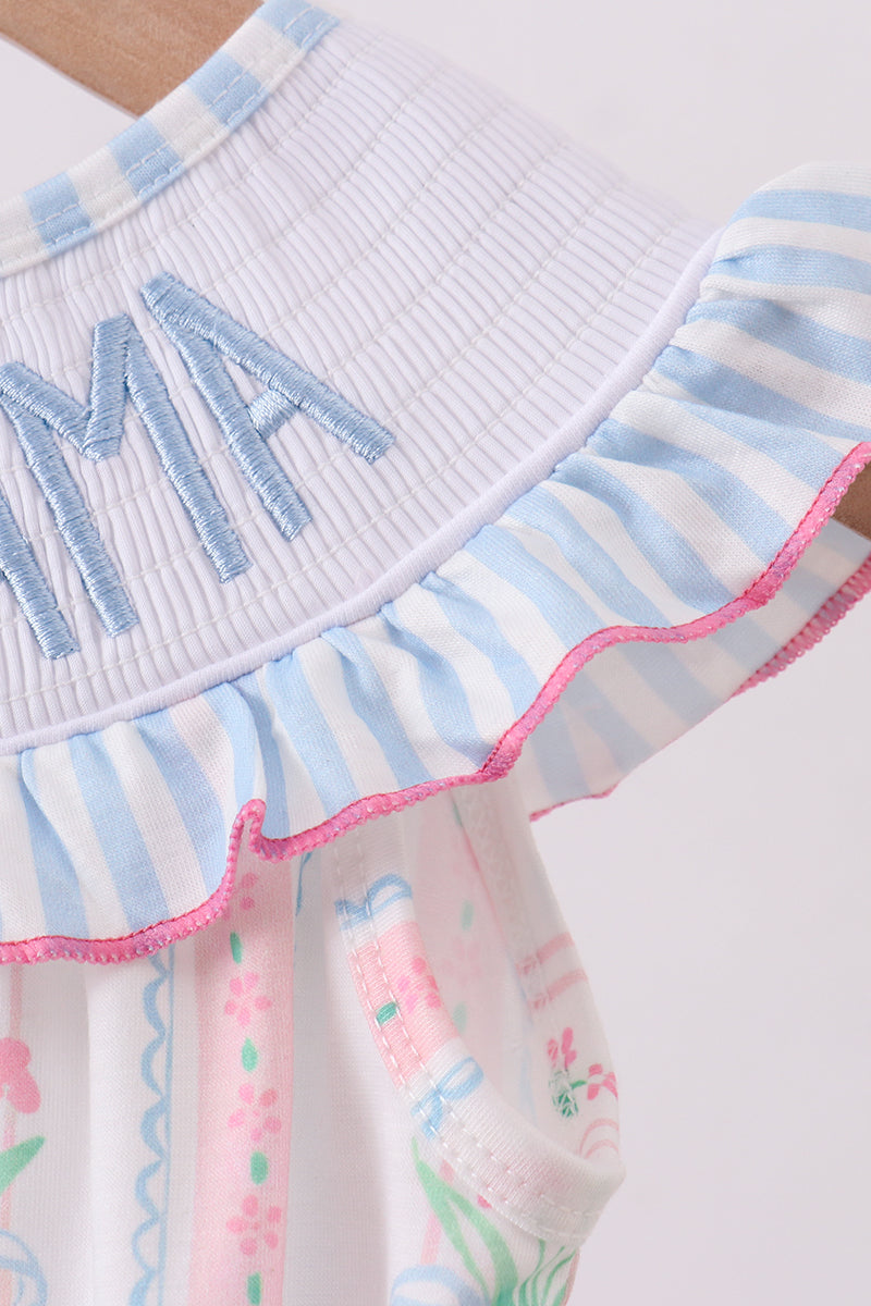Floral I Love MAMA Blue Smocked Ruffle Bubble