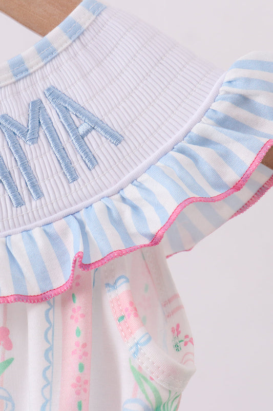 Floral I Love MAMA Blue Smocked Ruffle Bubble