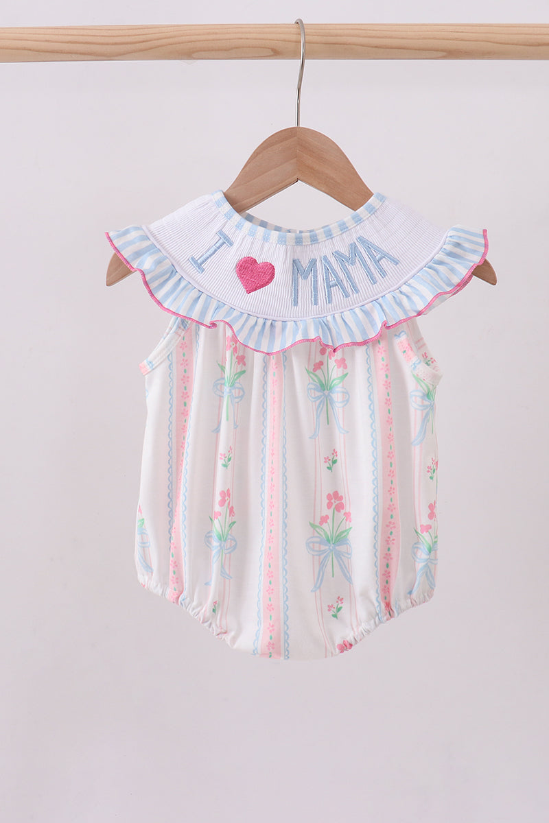 Floral I Love MAMA Blue Smocked Ruffle Bubble