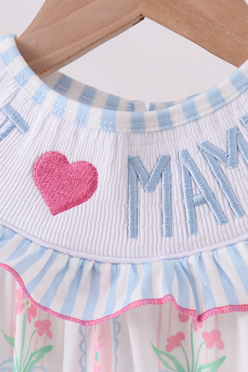 Floral I Love MAMA Blue Smocked Ruffle Bubble