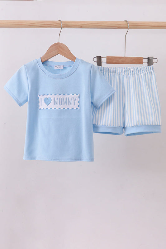 I love MAMA Blue Smocked Shorts Set