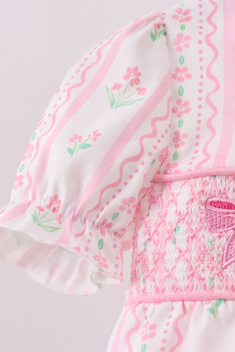 Floral Bow Pink Smocked Bubble