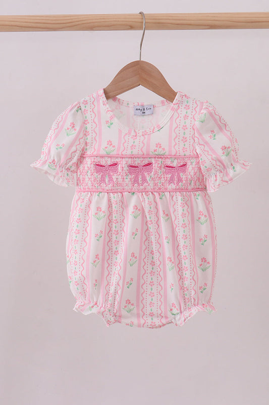 Floral Bow Pink Smocked Bubble