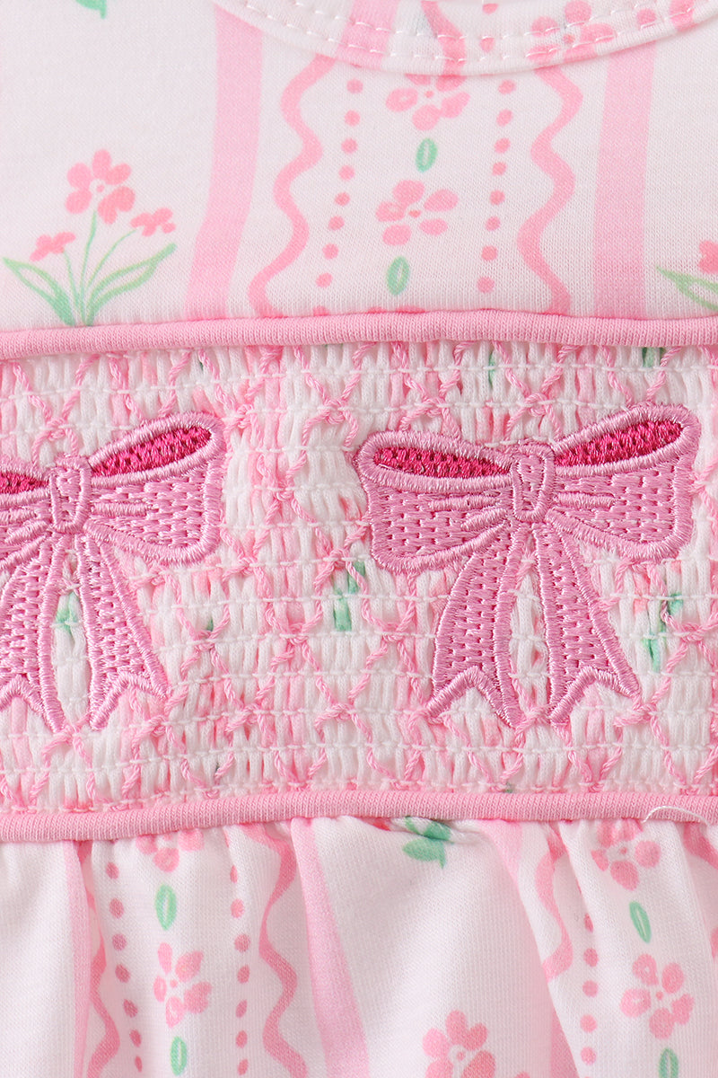 Floral Bow Pink Smocked Bubble