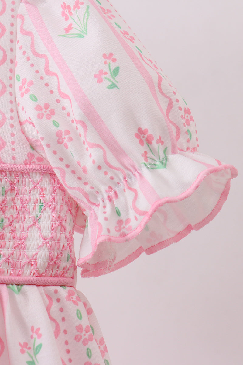 Floral Bow Pink Smocked Dress