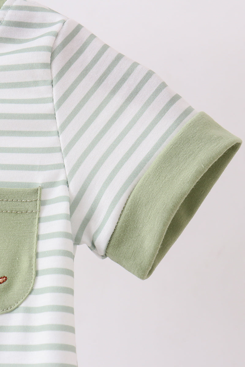 Puppy Striped Sage Embroidery Romper