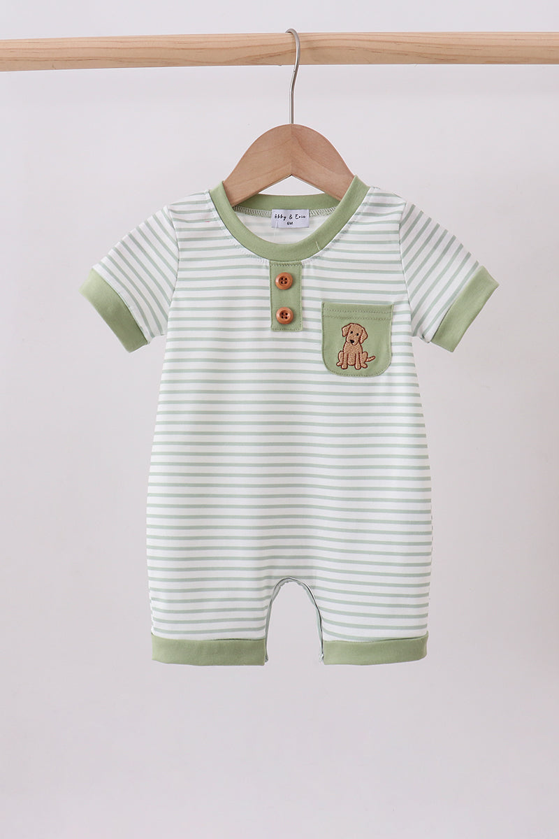 Puppy Striped Sage Embroidery Romper