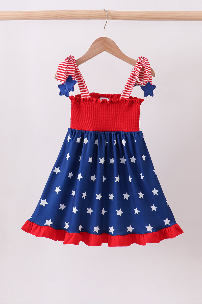 Star Smocked Blue Ruffle Dress